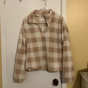 Cozy mauve and white plaid quarter zip